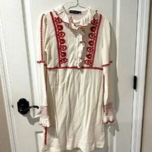 Antik Batik White Long Sleeve Dress With Red Hand Sewn Embroidery and Trim